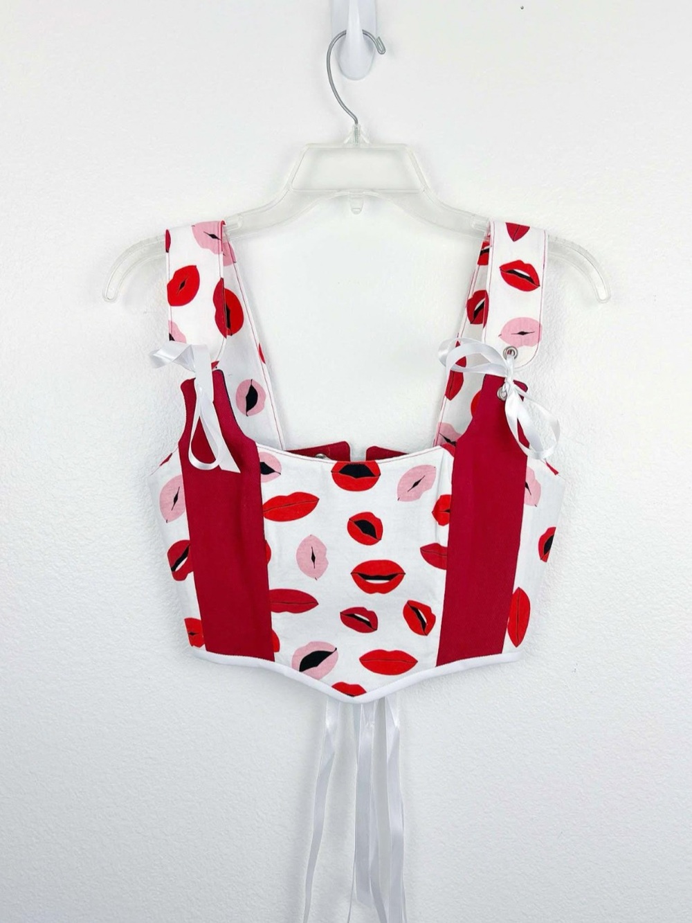 Handmade Red White Lips Print Corset Top White Ribbon Ties OOAK